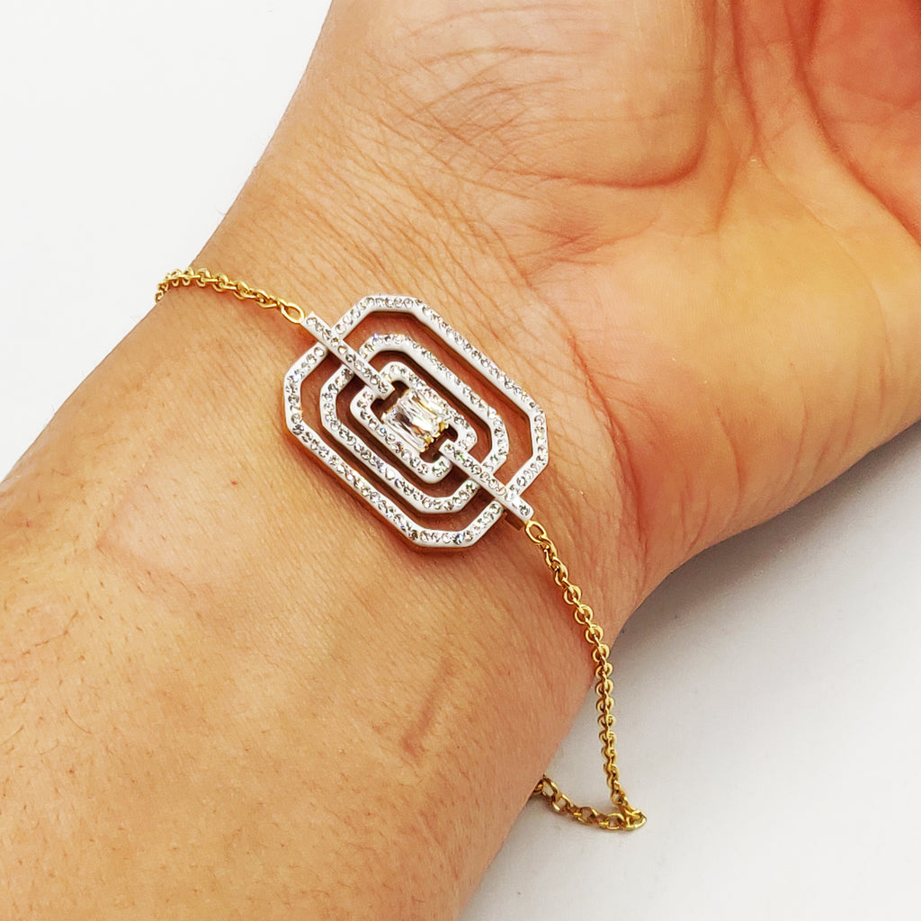 Bracelet Pendentif Triple Rectangles Cristaux et Gros Cristal Luxe