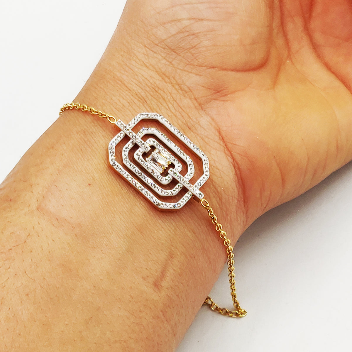 Bracelet Pendentif Triple Rectangles Cristaux et Gros Cristal Luxe