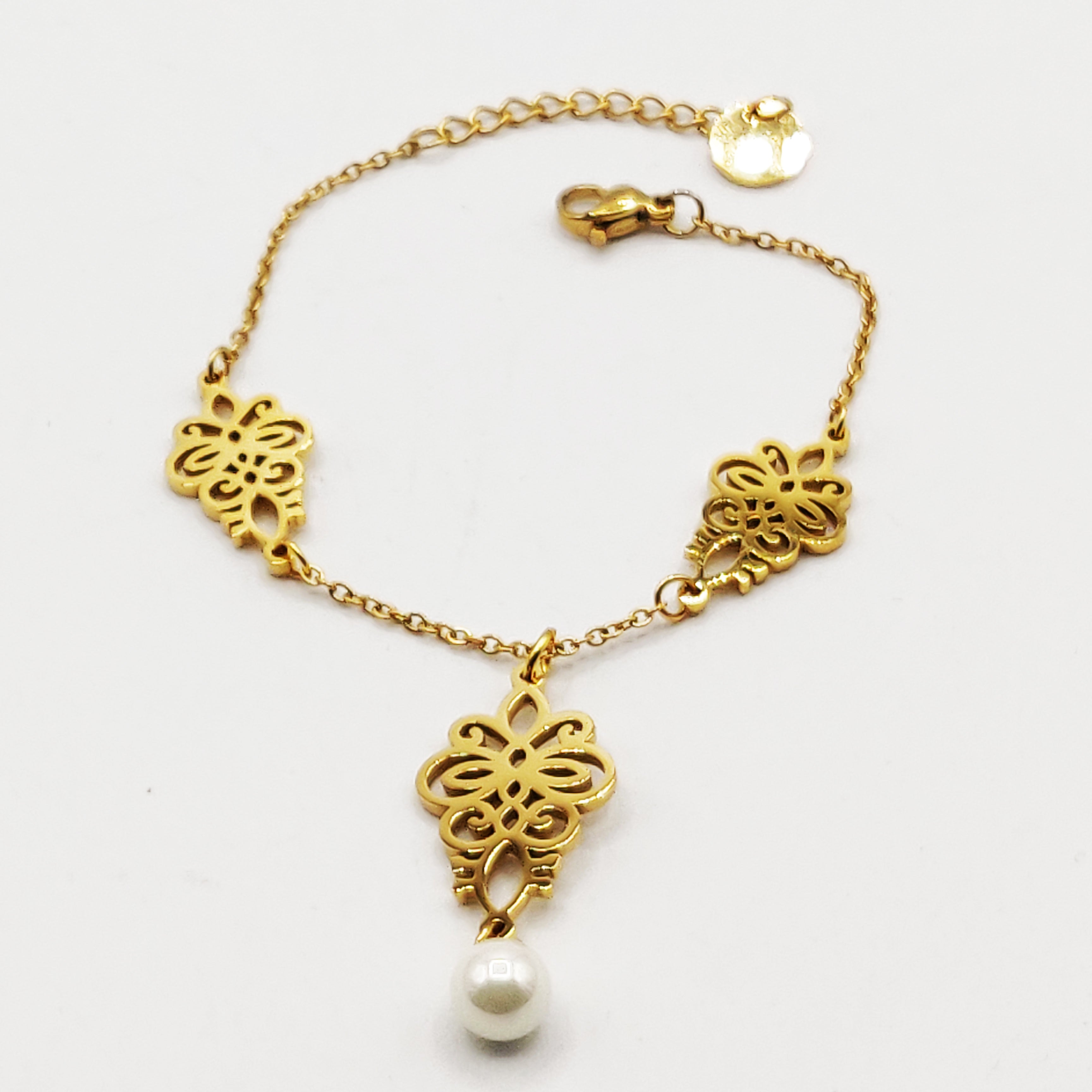 Bracelet Pendentifs Fleurs Orientales et Perle Blanche Luxe