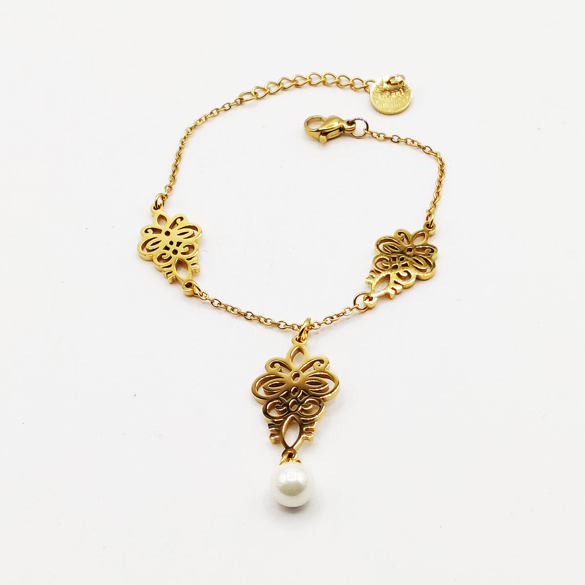 Bracelet Pendentifs Fleurs Orientales et Perle Blanche Luxe