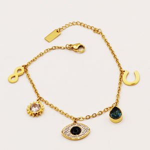 Bracelet Pendentifs Oeil, Goutte Bleue, Soleil, Fer et Infinity