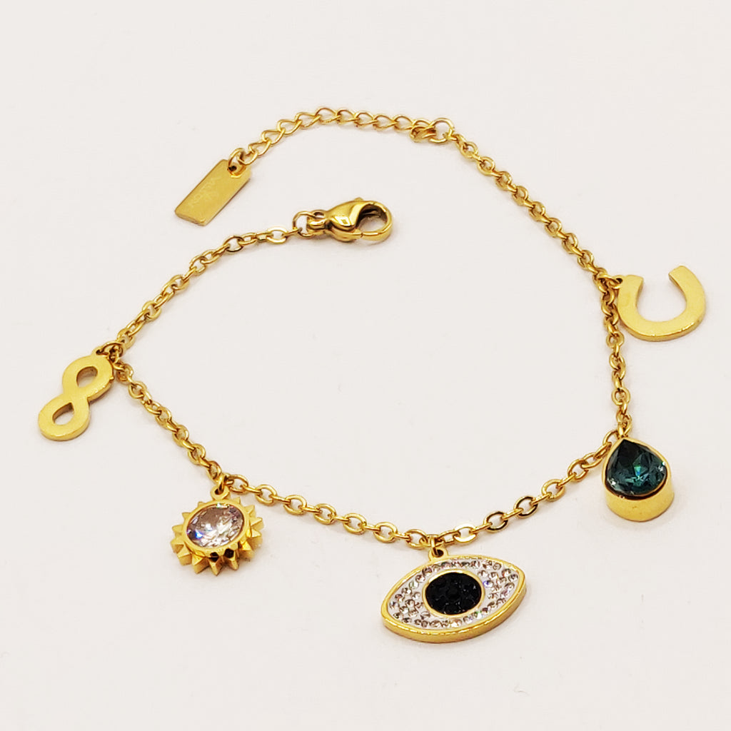 Bracelet Pendentifs Oeil, Goutte Bleue, Soleil, Fer et Infinity