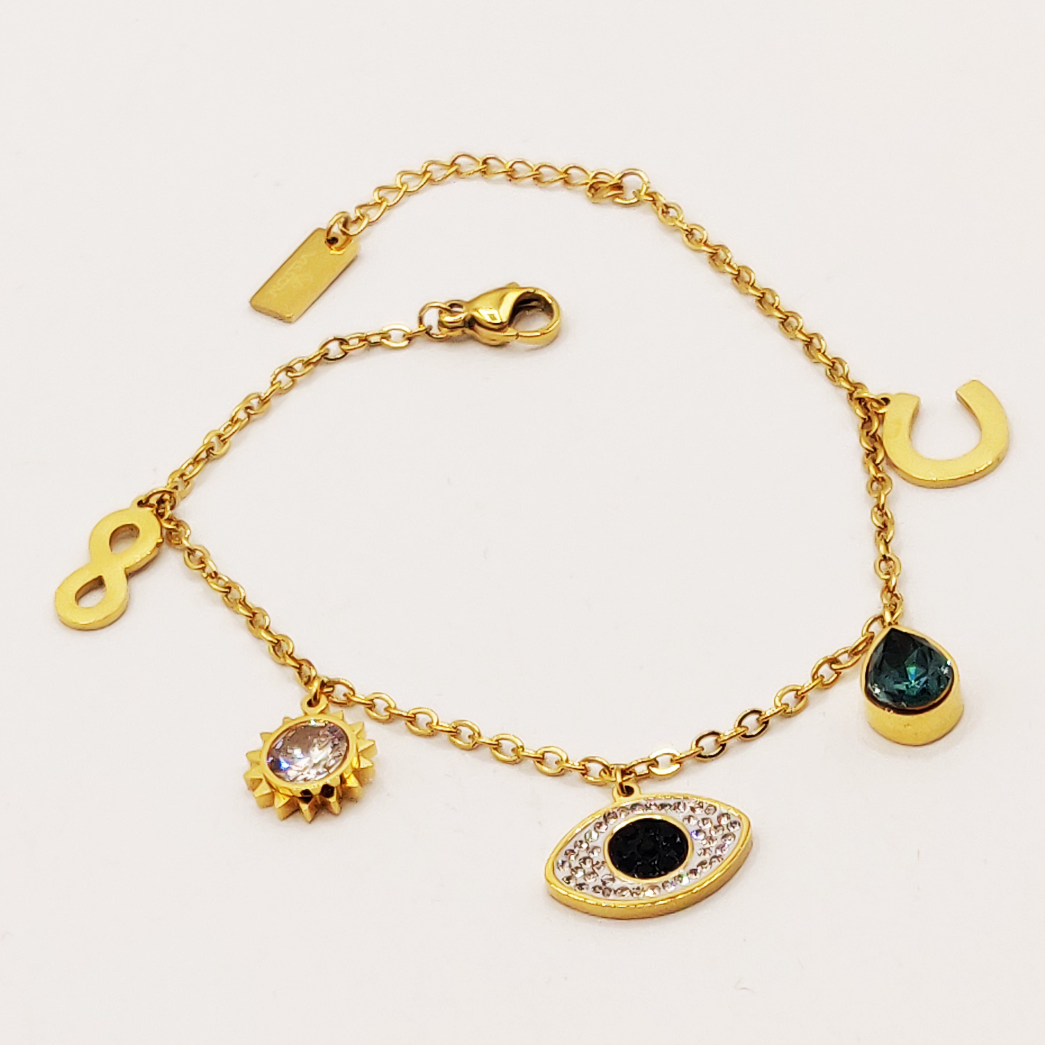 Bracelet Pendentifs Oeil, Goutte Bleue, Soleil, Fer et Infinity