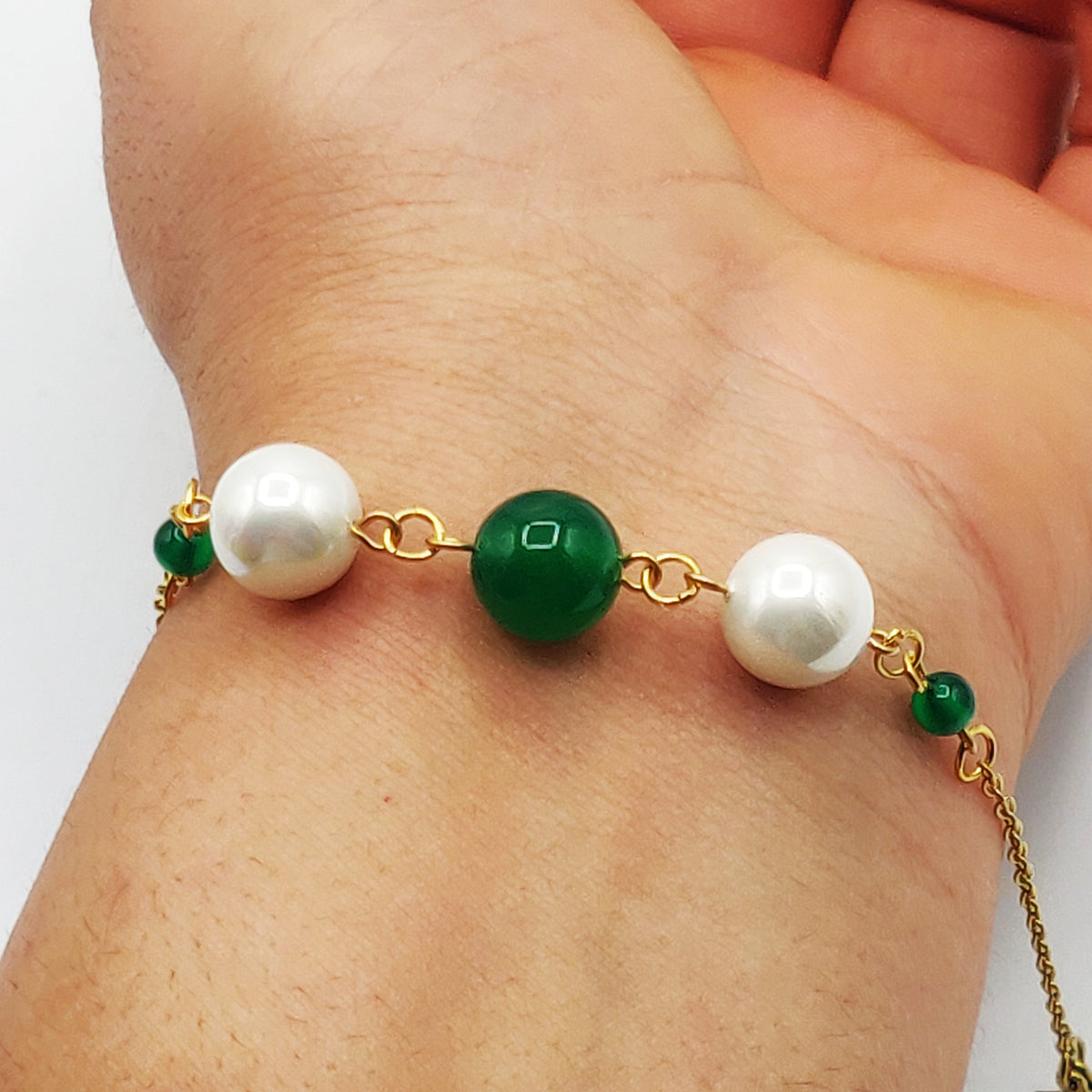 Bracelet Perles Blanches et Vertes Luxe