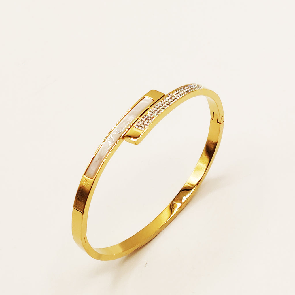 Bracelet Rigide Barre Blanche Nacrée et Cristaux