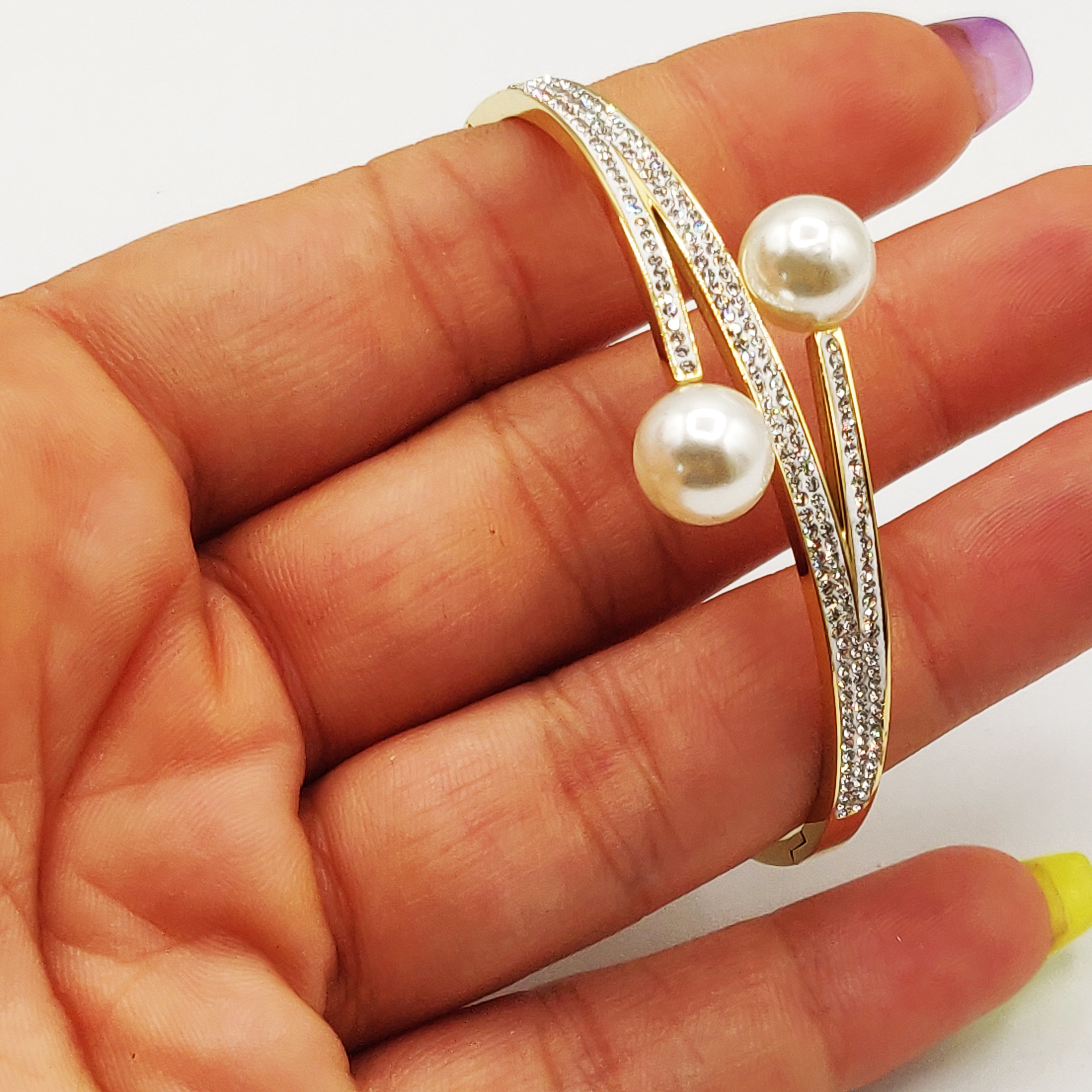 Bracelet Rigide Cristaux Double Perles d'imitation Blanches