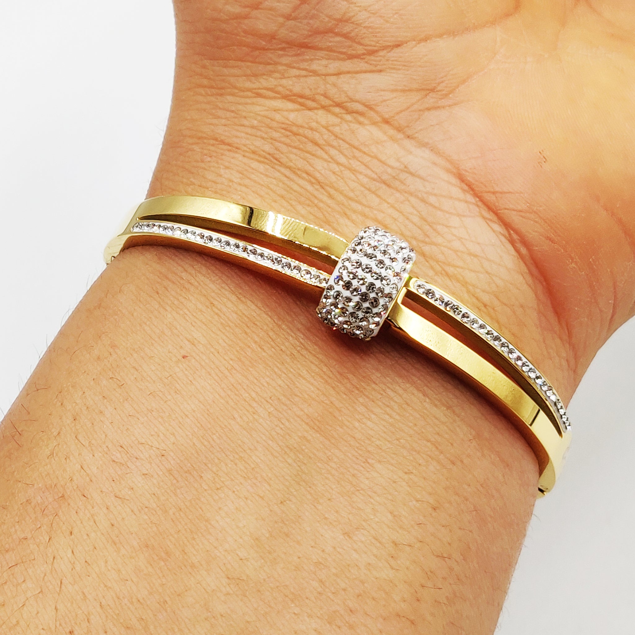 Bracelet Rigide Demi Cylindre Cristaux Luxe