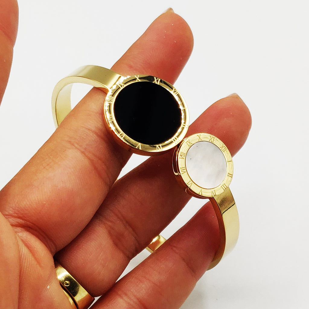 Bracelet Rigide Double Cercles Romains Noir et Blanc Nacré