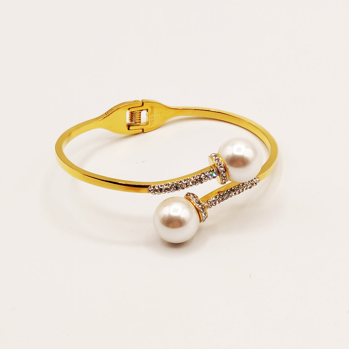 Bracelet Rigide Double Perles Blanches et Cristaux