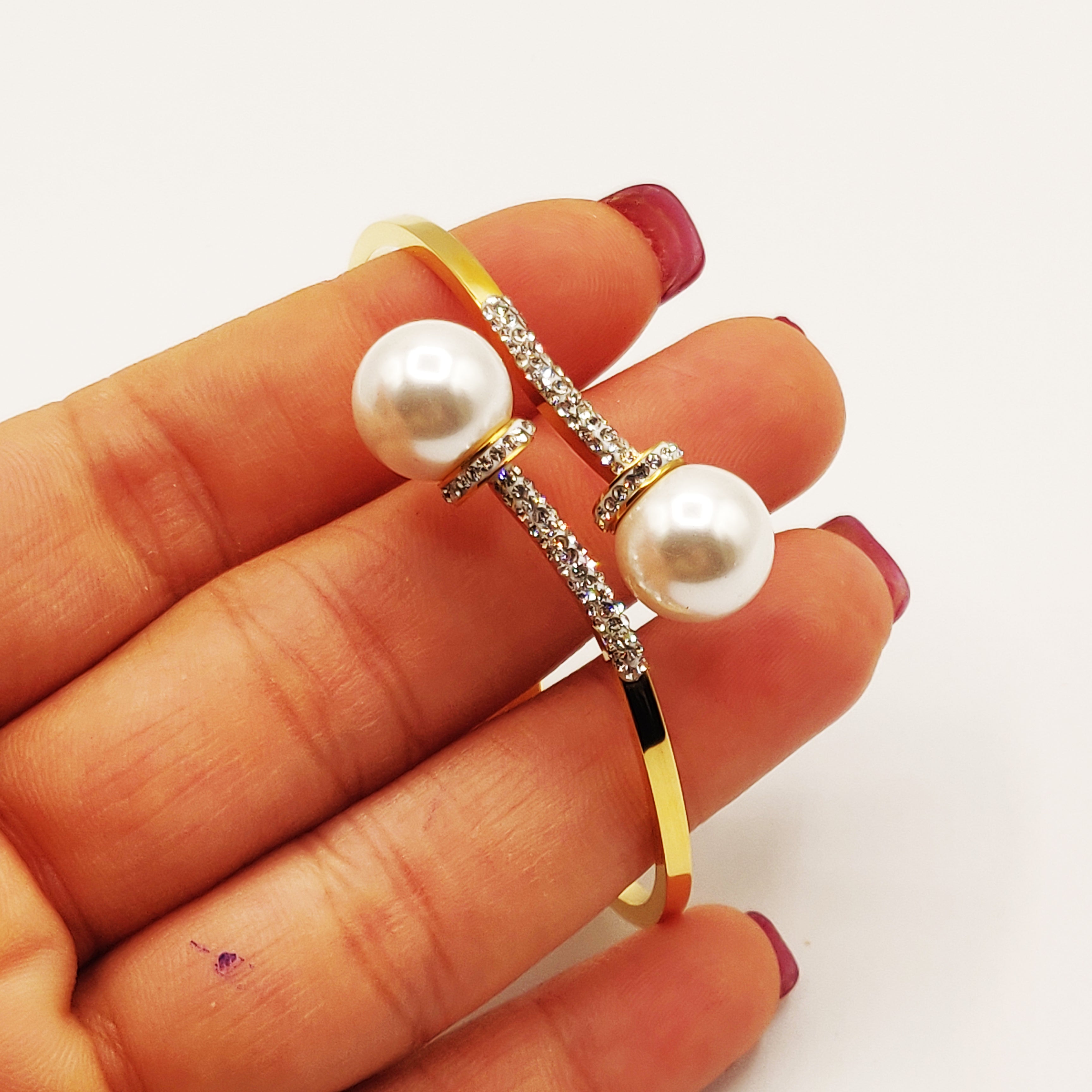 Bracelet Rigide Double Perles Blanches et Cristaux