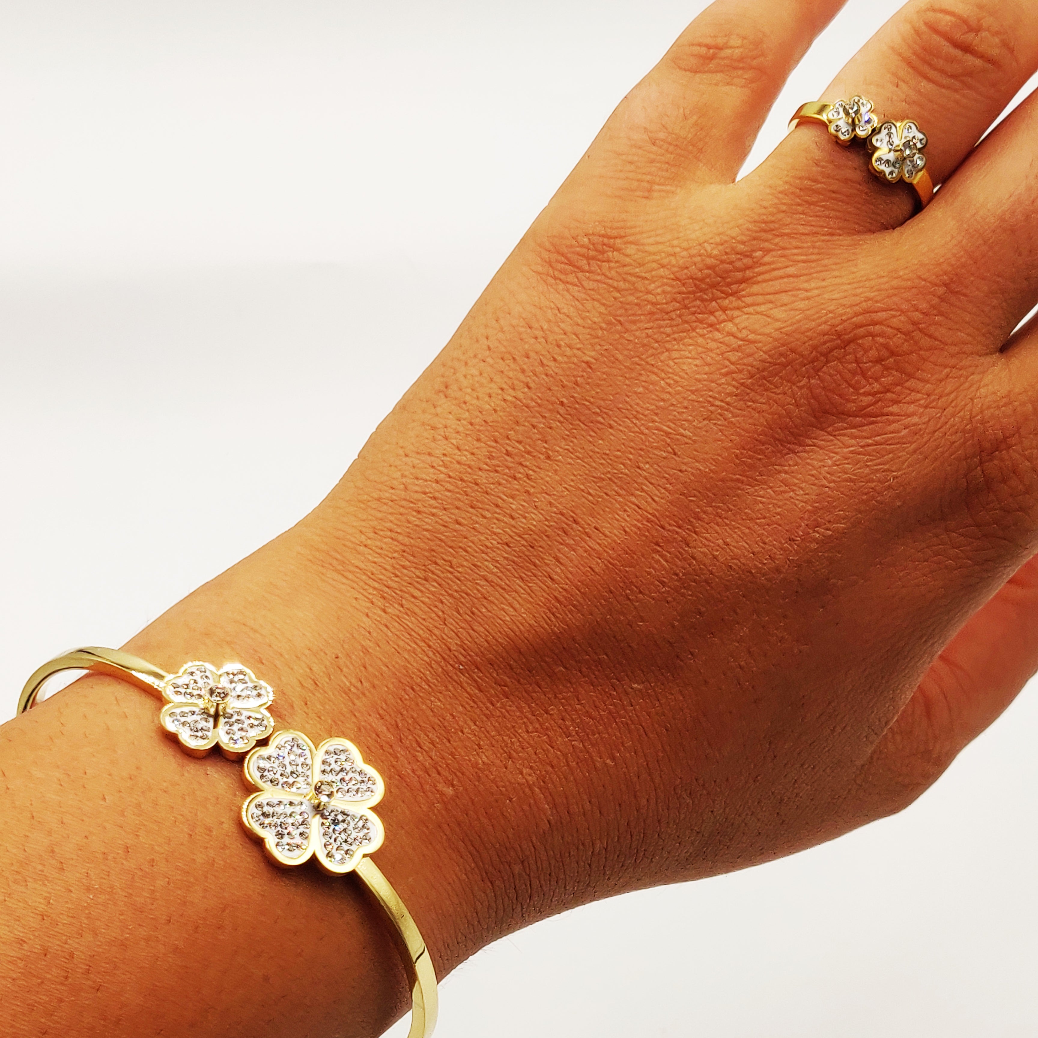 Bracelet Rigide Double Trèfles Cristaux