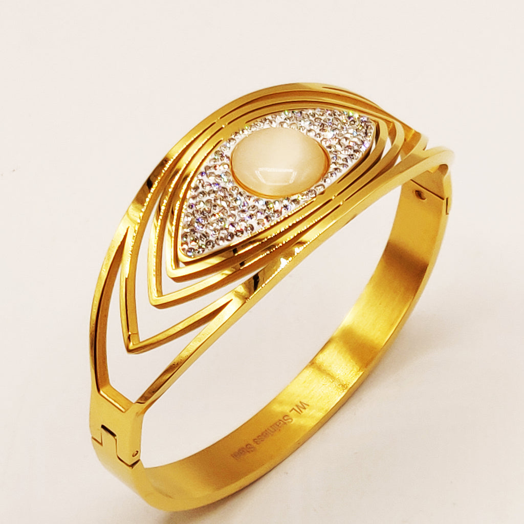 Bracelet Rigide Oeil Design Cristaux et Pierre Blanche Luxe