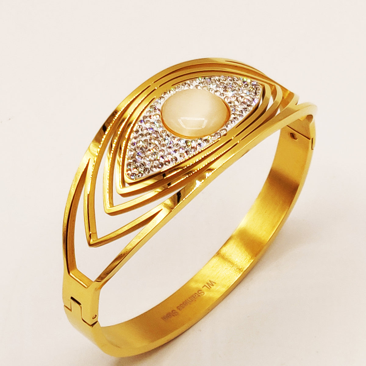 Bracelet Rigide Oeil Design Cristaux et Pierre Blanche Luxe