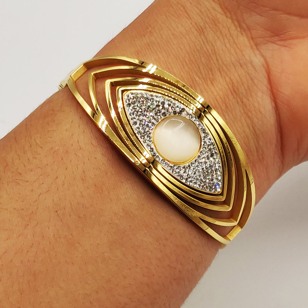 Bracelet Rigide Oeil Design Cristaux et Pierre Blanche Luxe