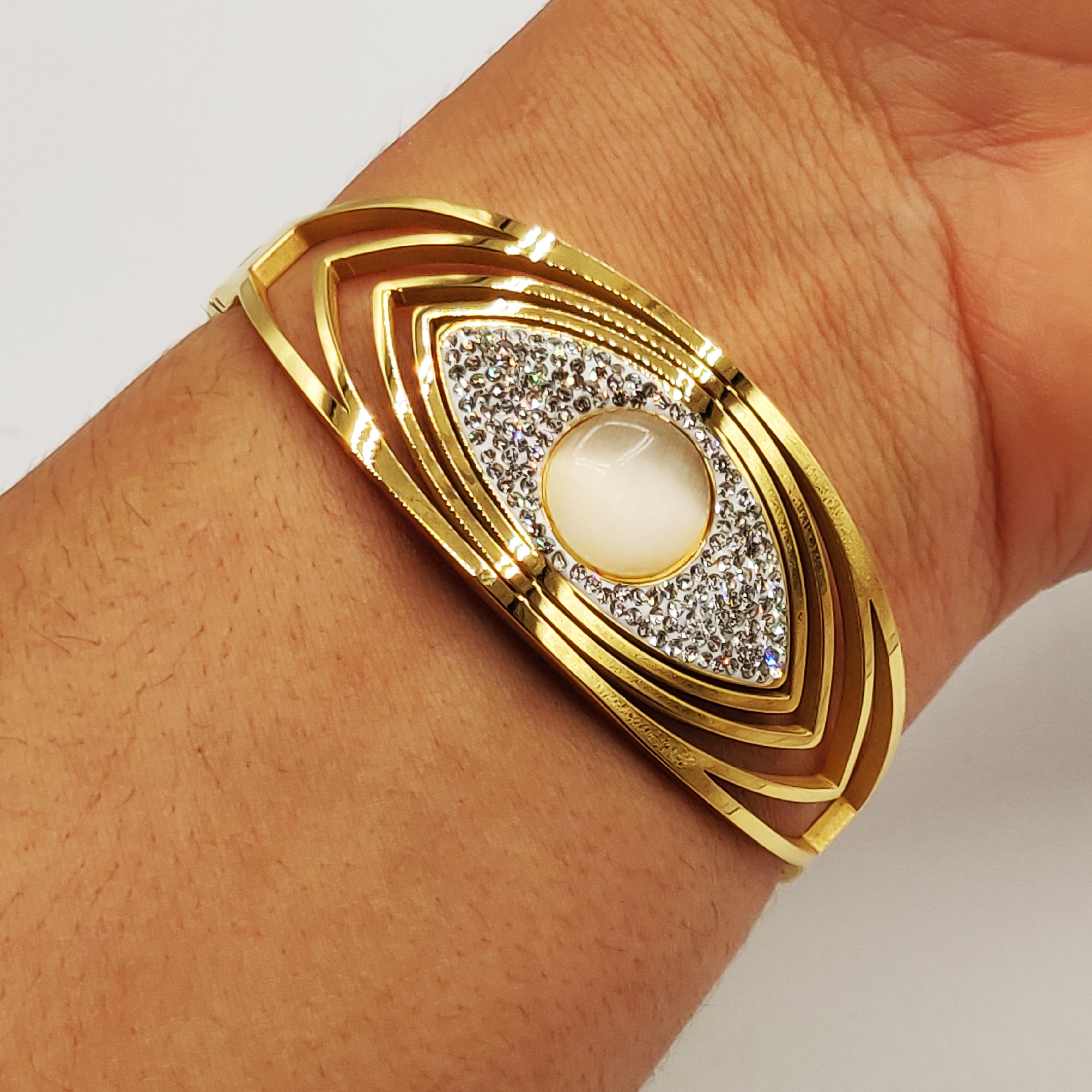 Bracelet Rigide Oeil Design Cristaux et Pierre Blanche Luxe