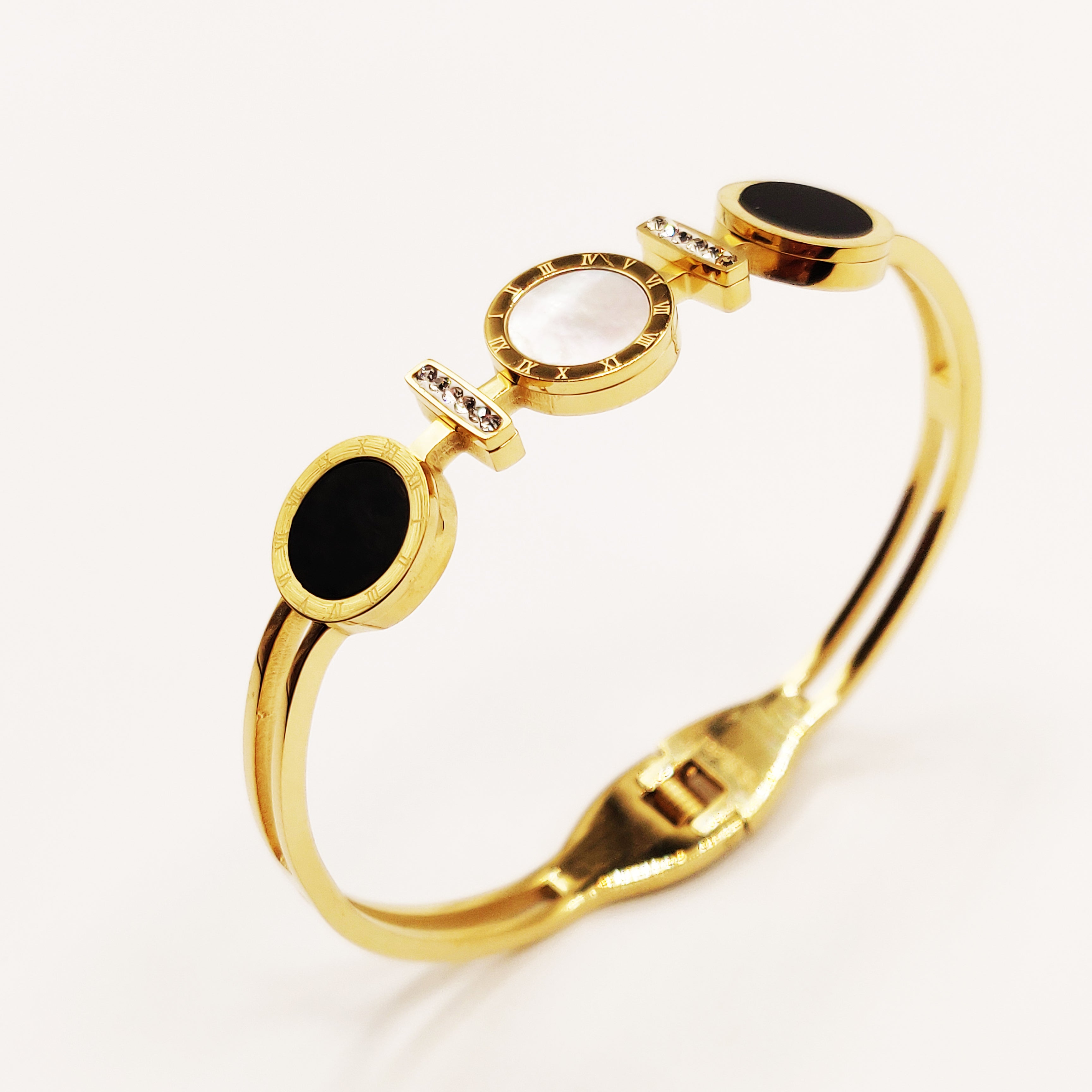 Bracelet Rigide Romain Cercles Noirs et Blanc Nacré Cristaux