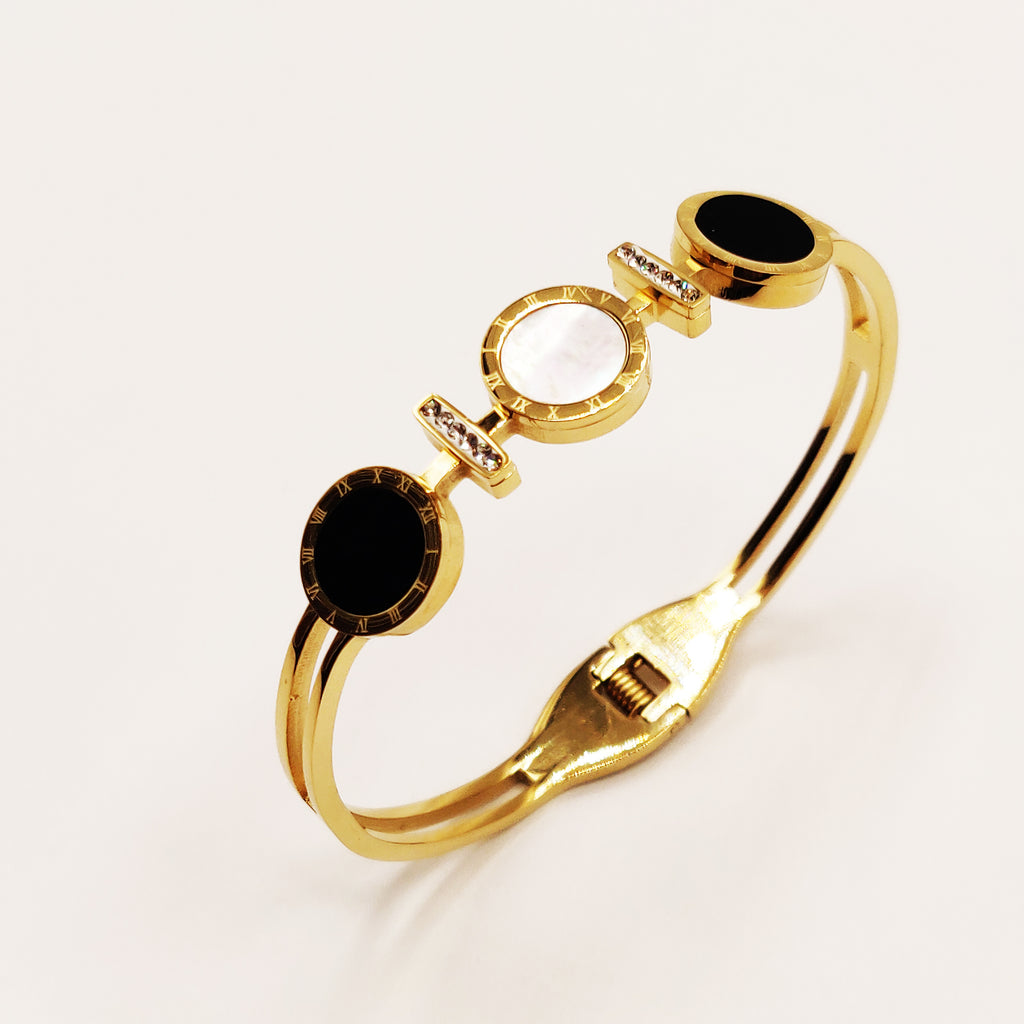 Bracelet Rigide Romain Cercles Noirs et Blanc Nacré Cristaux
