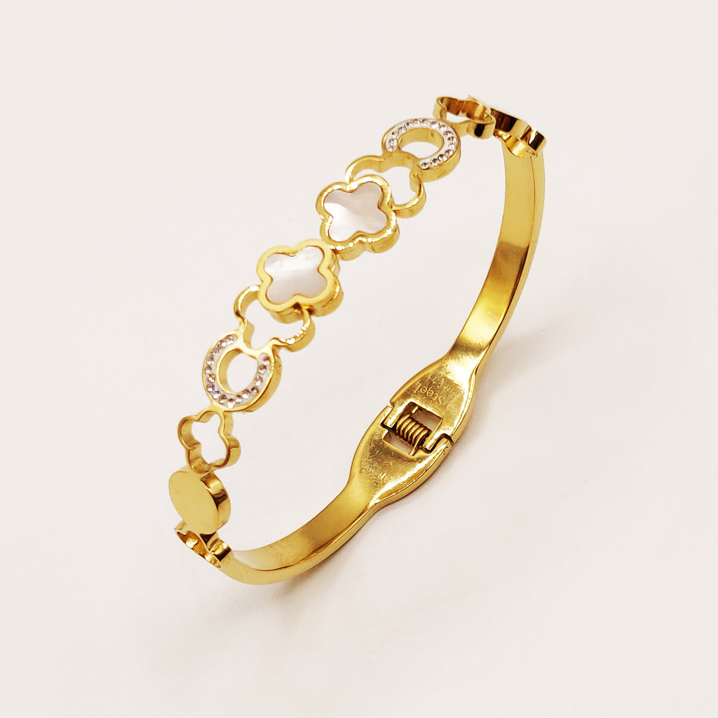 Bracelet Rigide Trèfles Blancs Nacrés et Creux