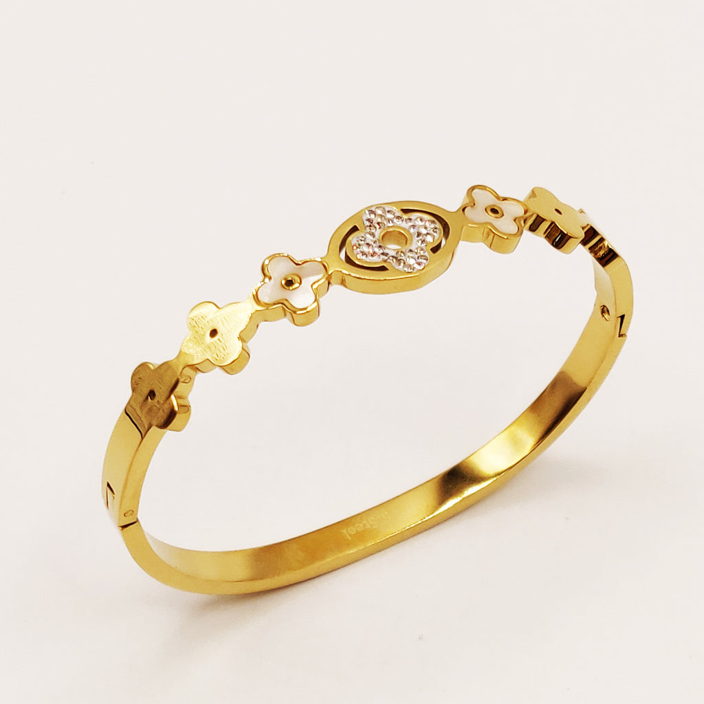 Bracelet Rigide Trèfles Blancs Nacrés et Cristaux