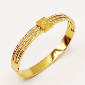 Bracelet Rigide Trèfles et Étoiles Luxe Triple Lignes Cristaux