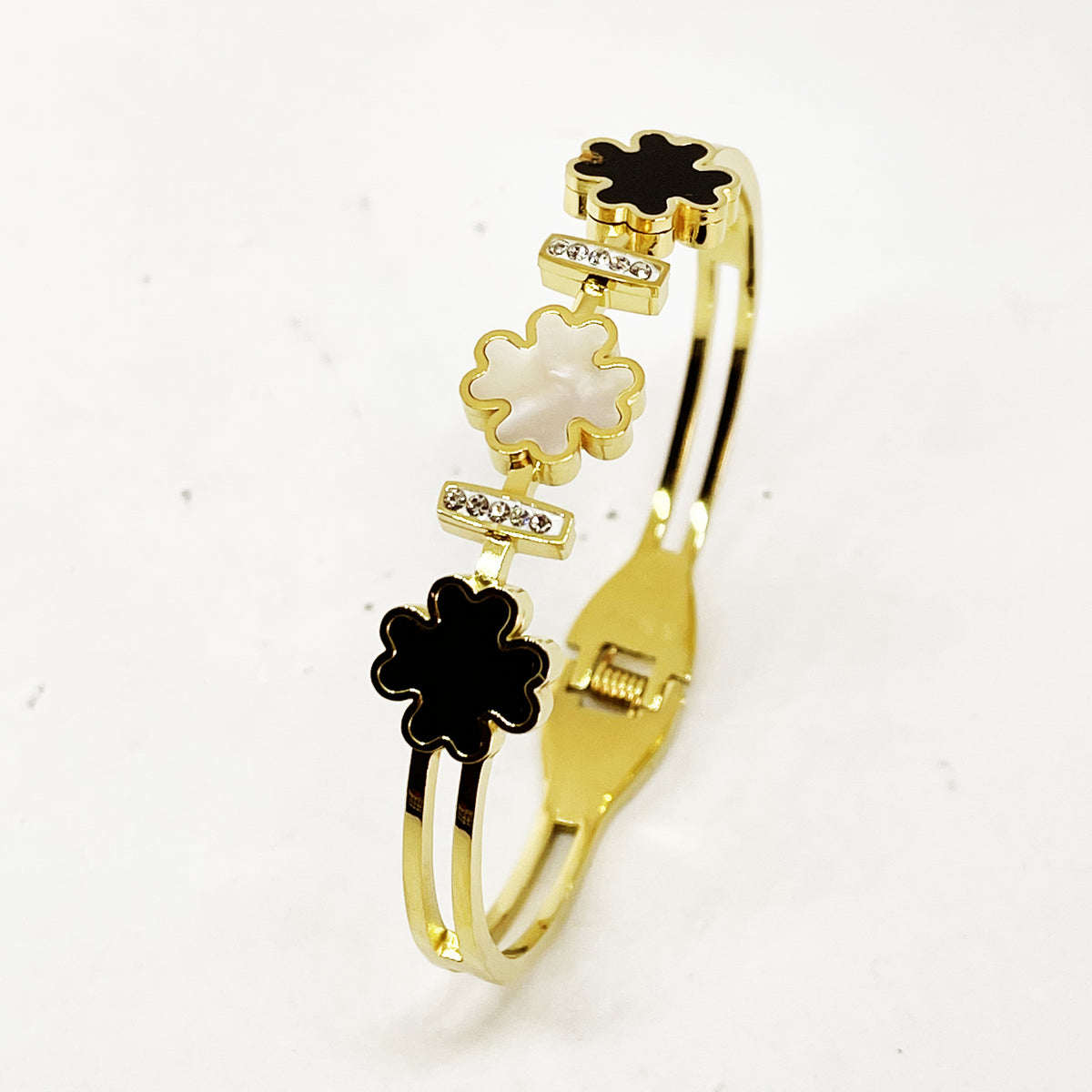 Bracelet Rigide En Nacre Et Laiton - Doré - Modèle J506 - Occasion En Bon état
