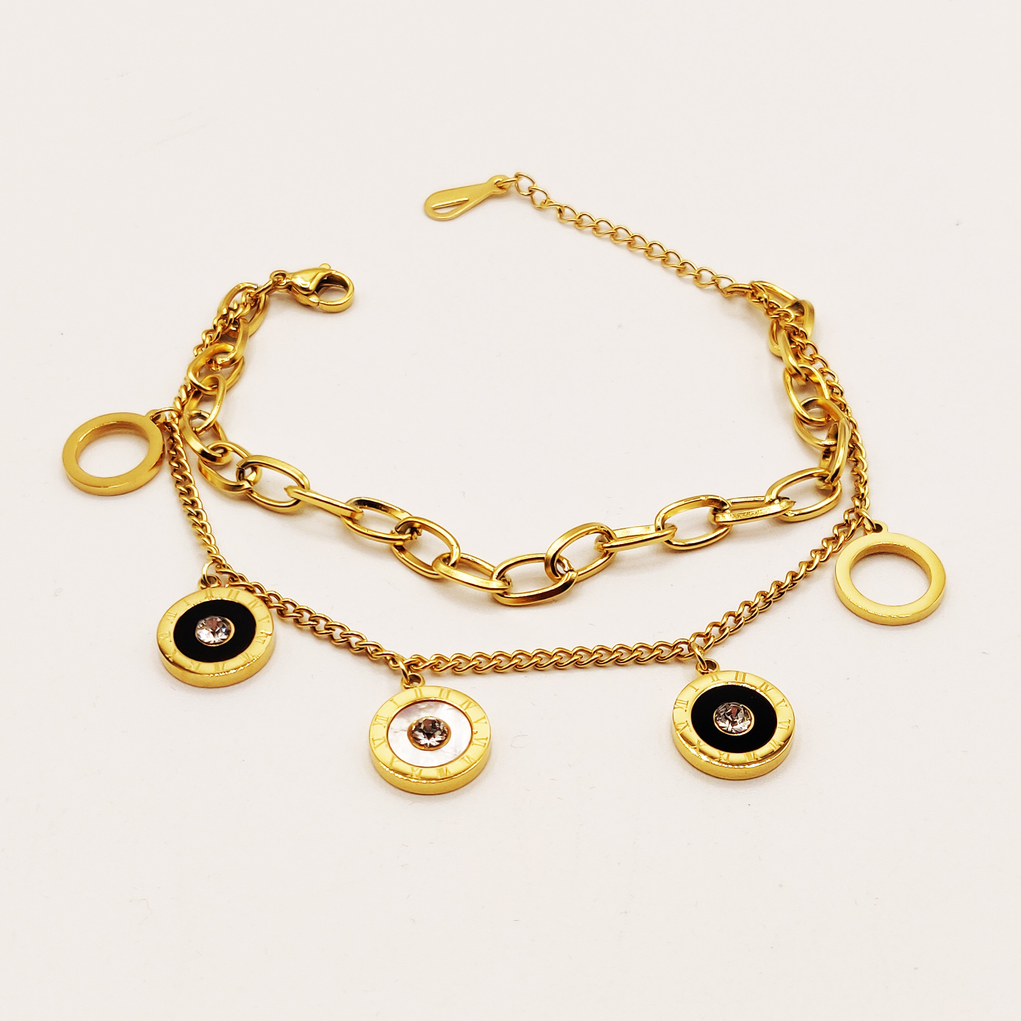 Bracelet Romain Chaîne Double Cercles Noirs et Blancs