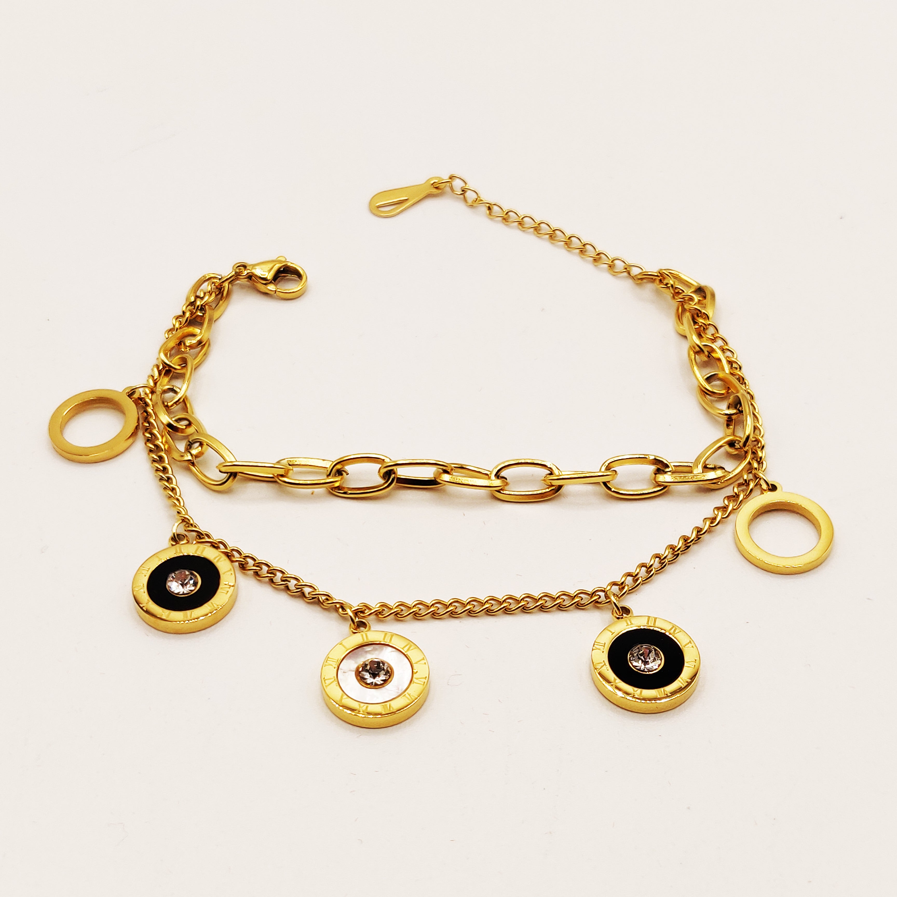 Bracelet Romain Chaîne Double Cercles Noirs et Blancs