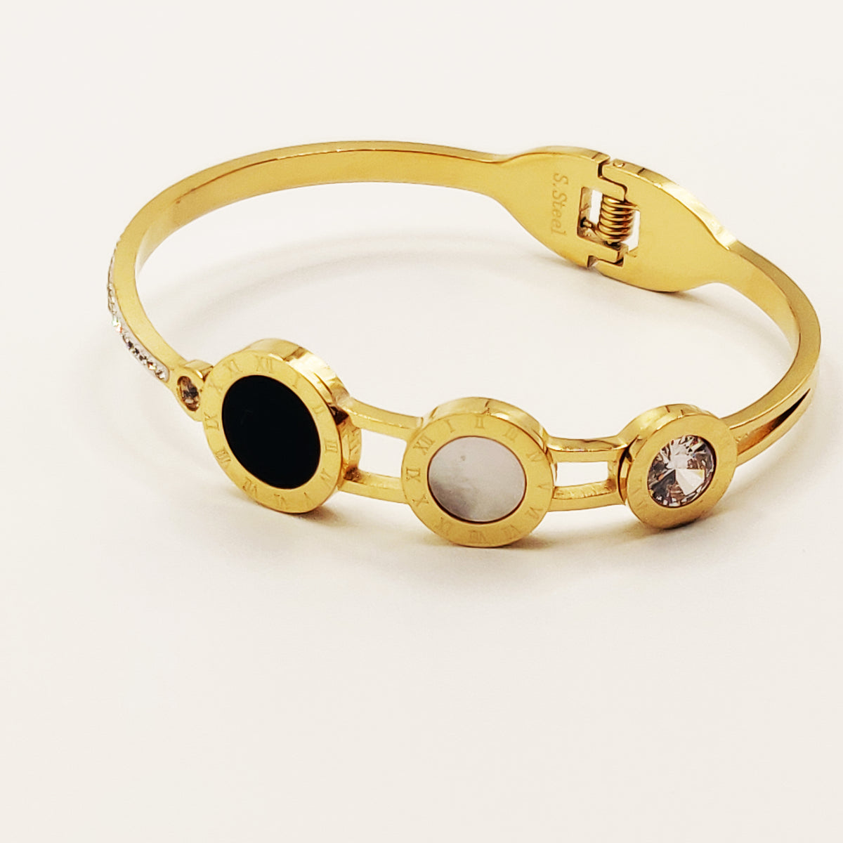 Bracelet Romain Rigide Noir, Blanc et Gros Cristal