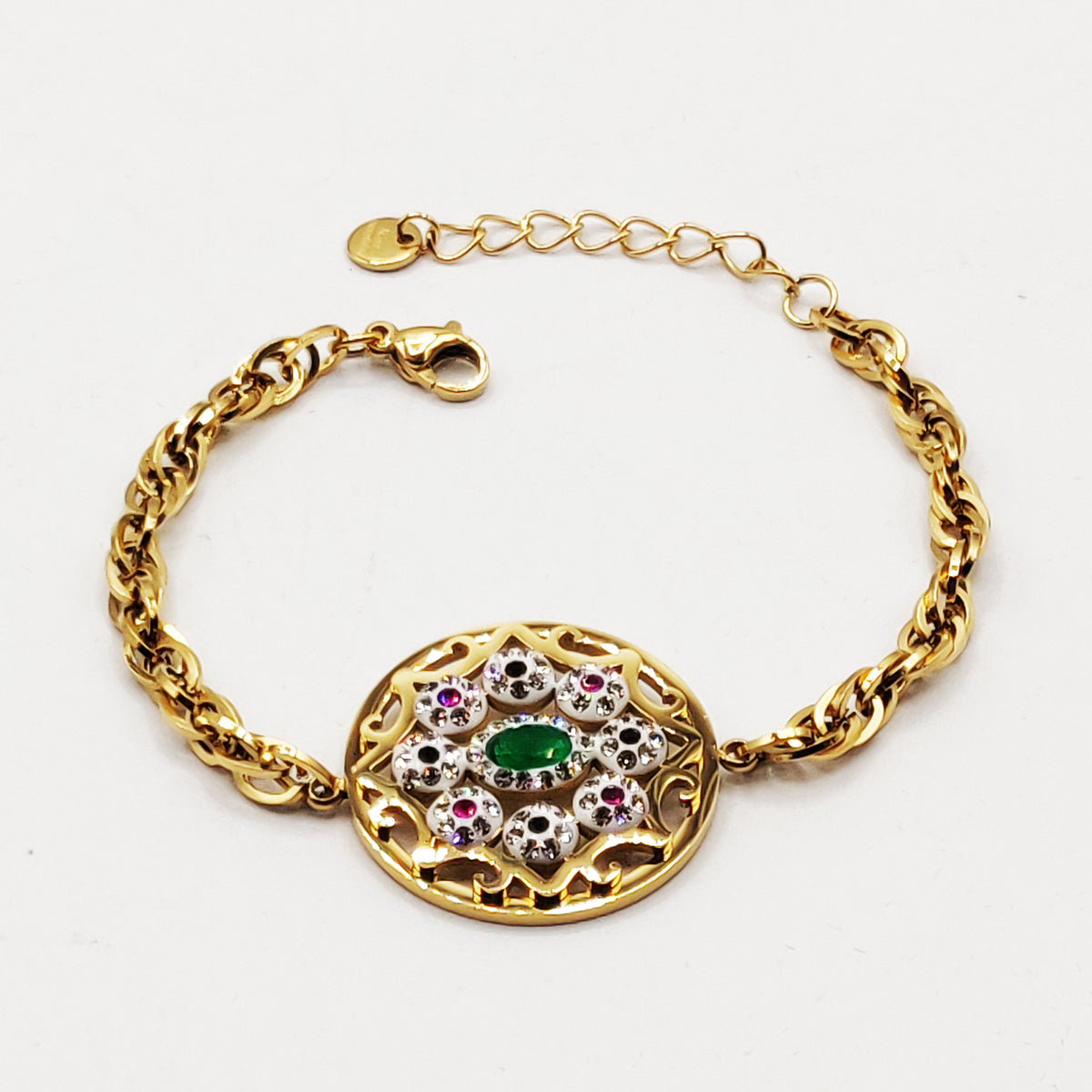 Bracelet Torsade Cercle Oriental Cristaux Verts et Roses Luxe