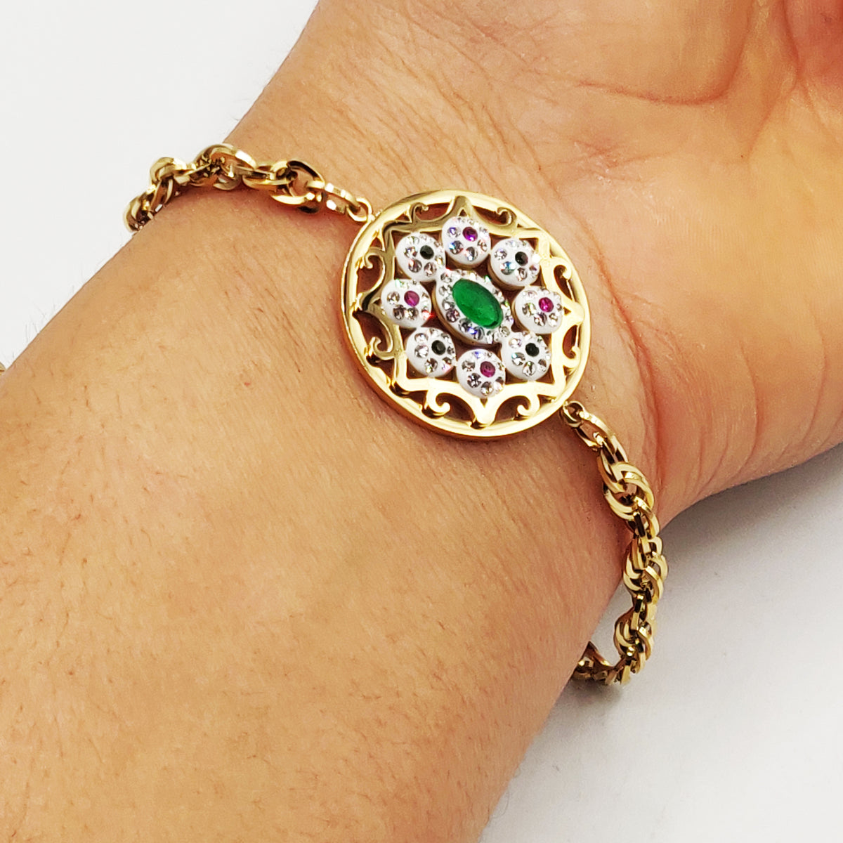 Bracelet Torsade Cercle Oriental Cristaux Verts et Roses Luxe