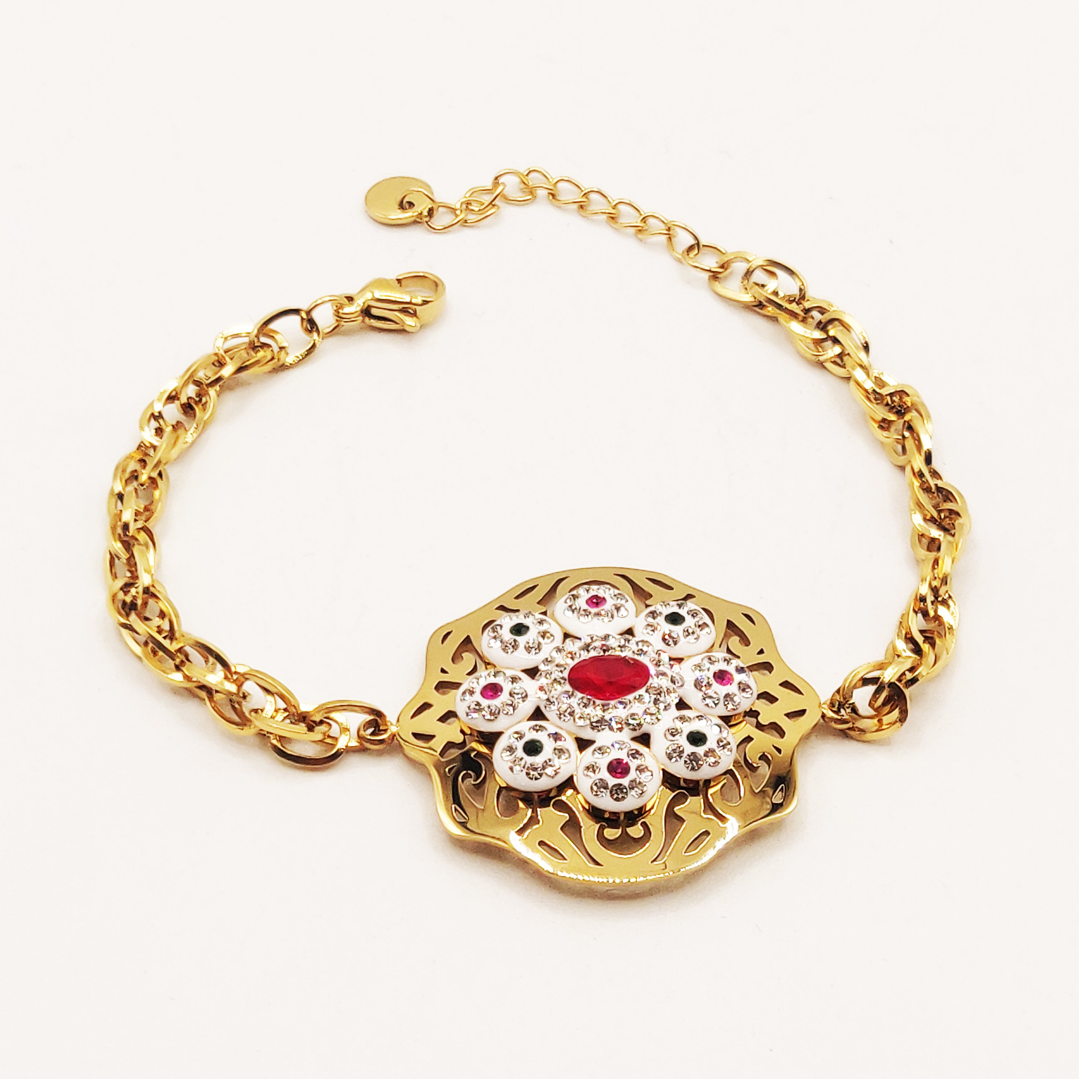 Bracelet Torsade Motif Oriental Cristaux Rouges et Verts Luxe