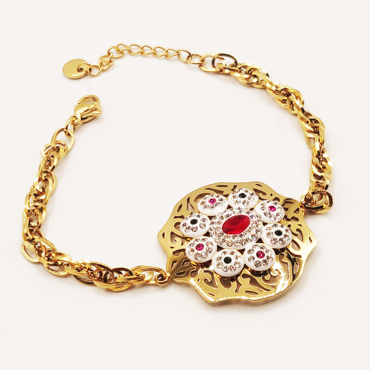 Bracelet Torsade Motif Oriental Cristaux Rouges et Verts Luxe