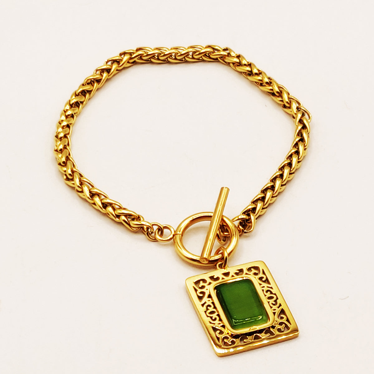 Bracelet Torsade Rectangle Oriental Pierre Verte Luxe