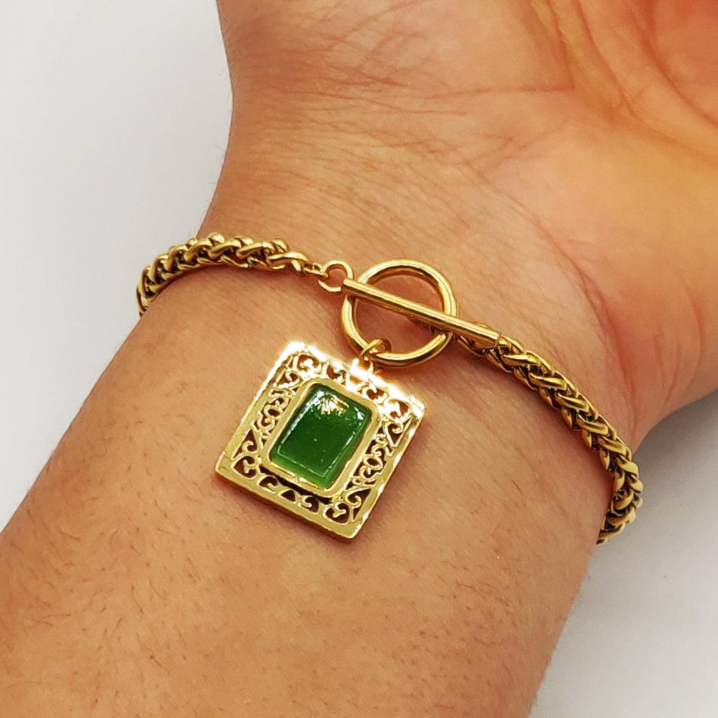 Bracelet Torsade Rectangle Oriental Pierre Verte Luxe