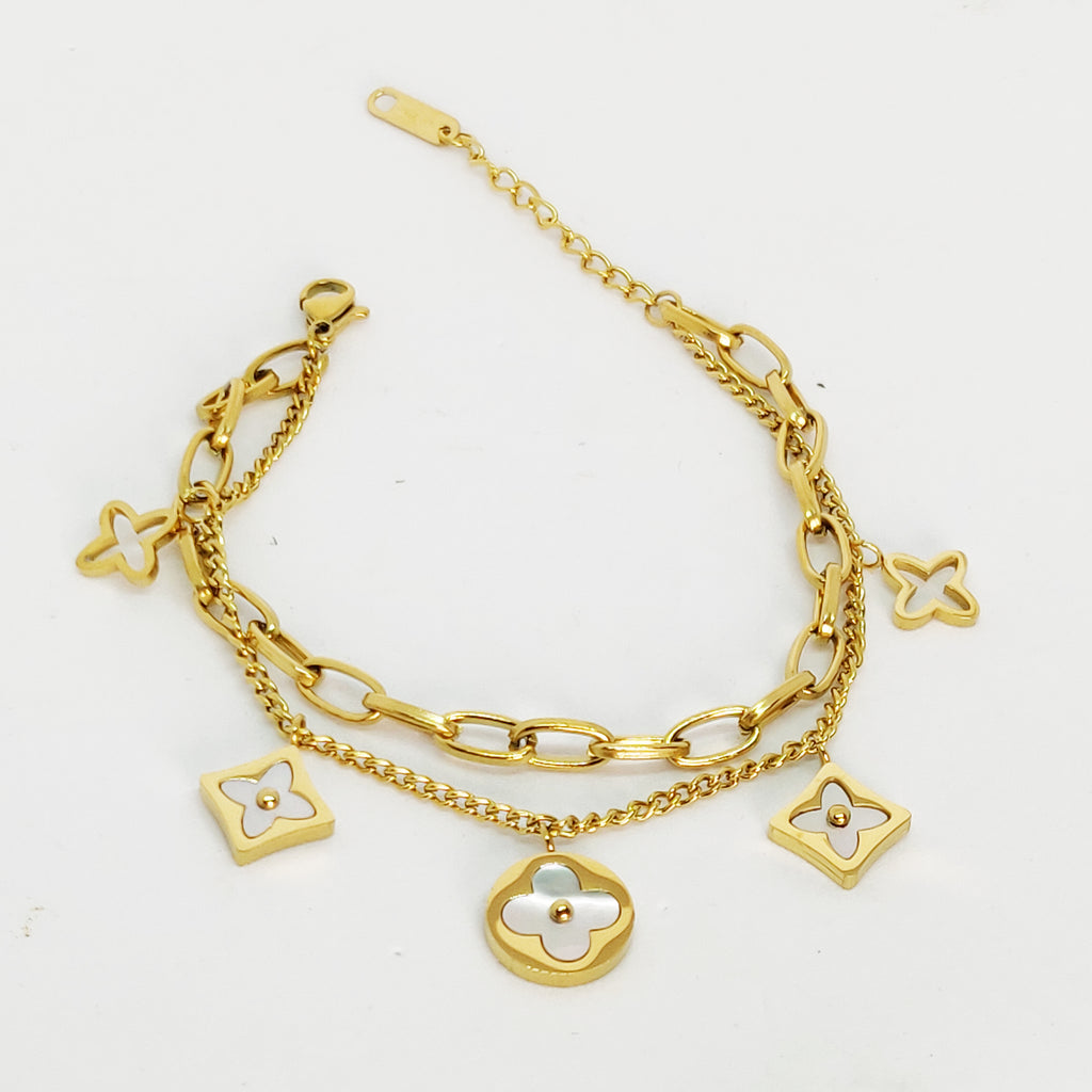 Bracelet Double Trèfles et Étoiles Blanc