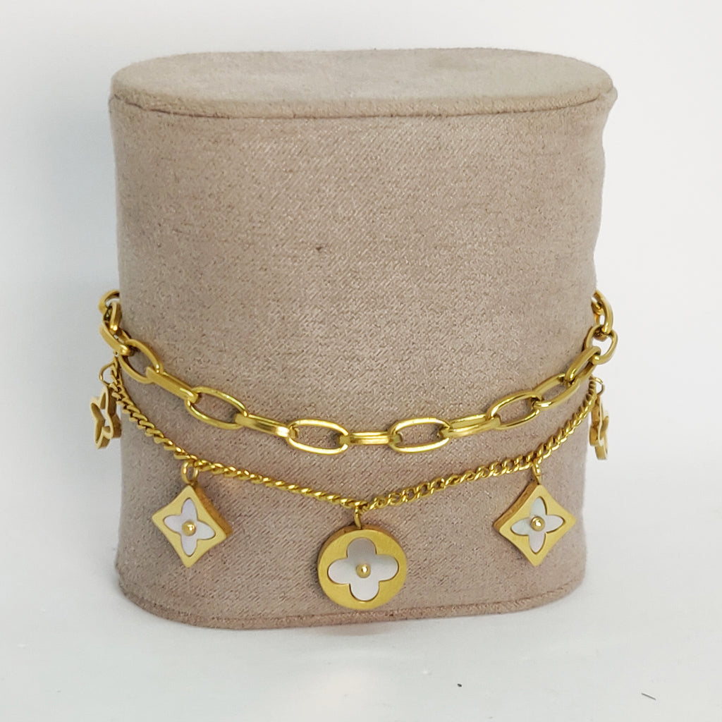 Bracelet Double Trèfles et Étoiles Blanc