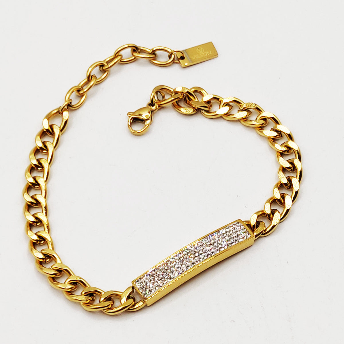 Bracelet Femme Tissé Avec Strass Et Cristaux Zirconium – Fermoir Pression, Couleur Marron Doré – Neuf Avec étiquettes