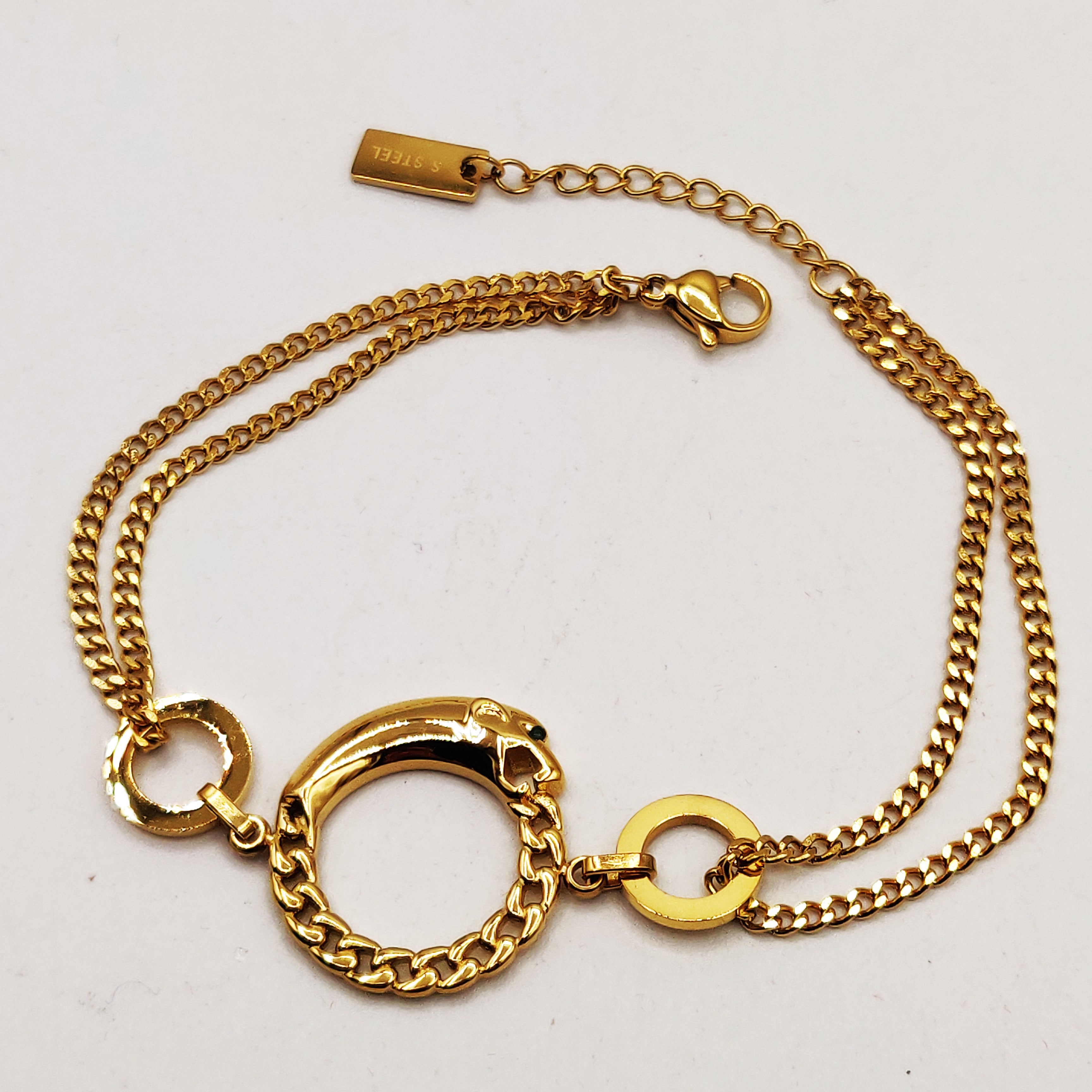 Bracelet Tresse Double Jaguar Yeux Verts Luxe