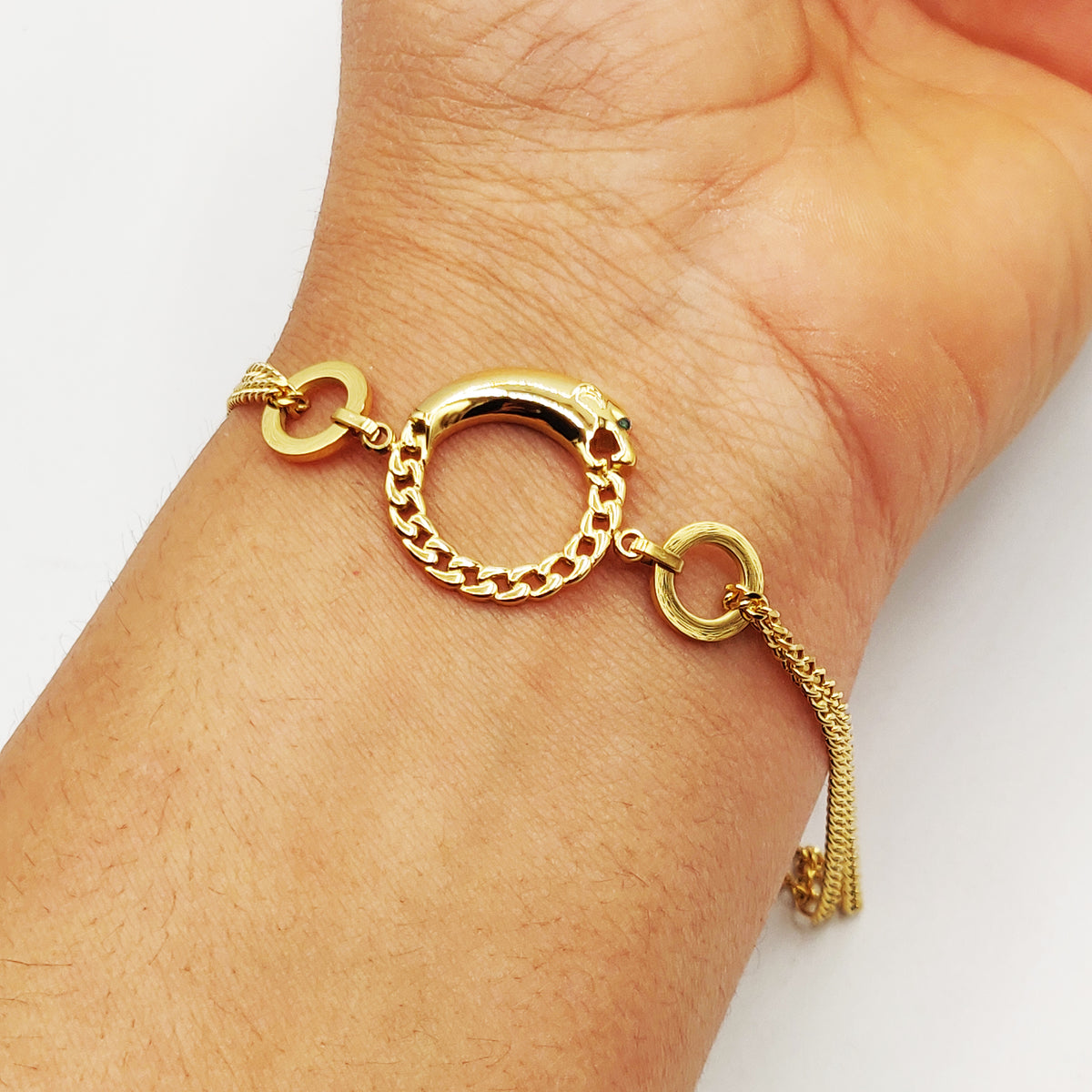 Bracelet Tresse Double Jaguar Yeux Verts Luxe