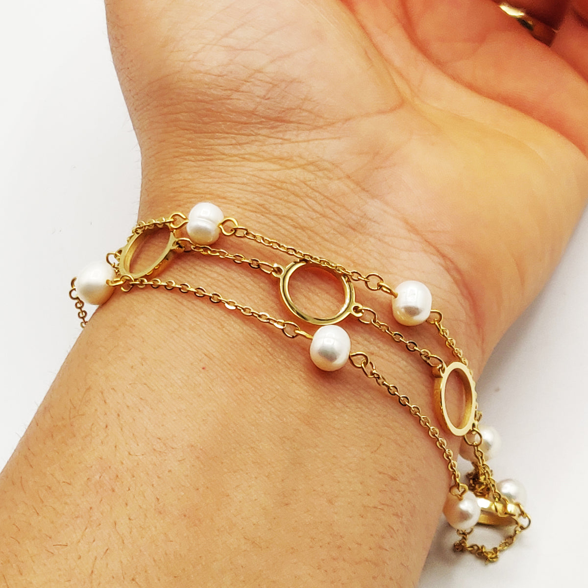 Bracelet Triple Cercles et Perles d'imitation Blanches Luxe