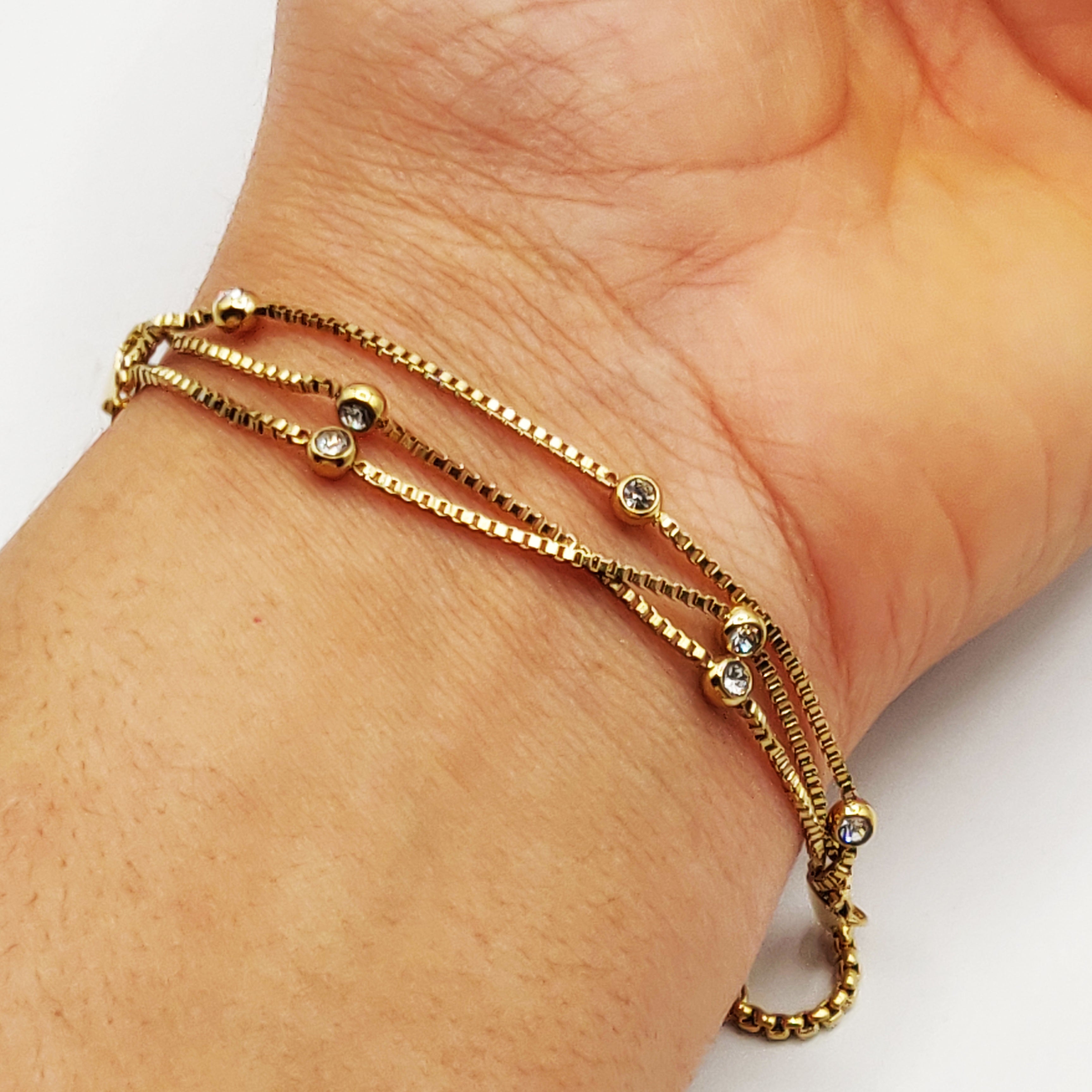 Bracelet Triple Chaîne Cubique Cristaux Luxe
