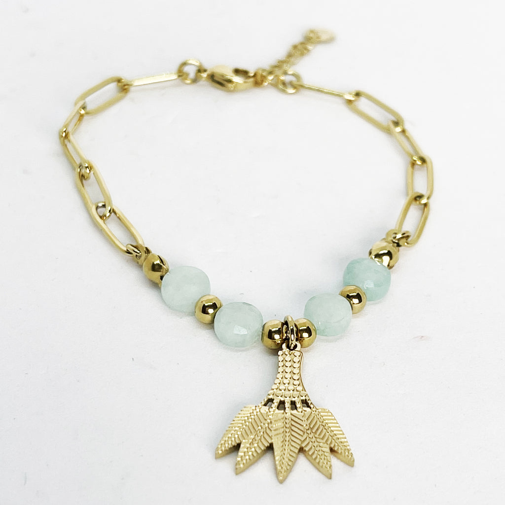 Bracelet Triple Perles Bleues Clair et Feuilles