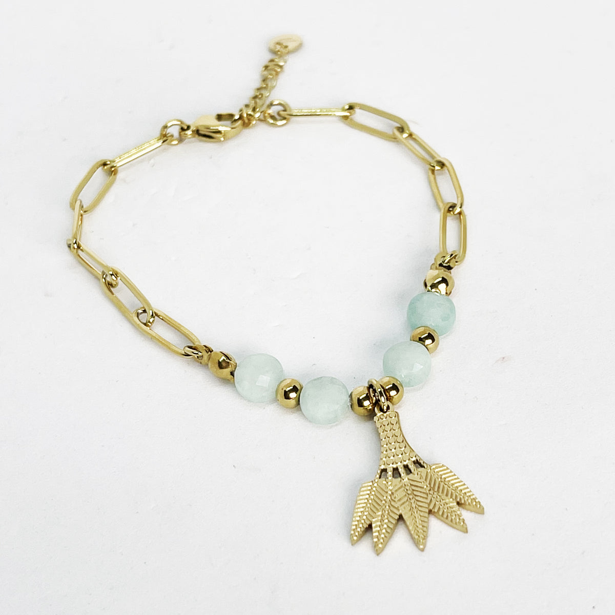 Bracelet Triple Perles Bleues Clair et Feuilles