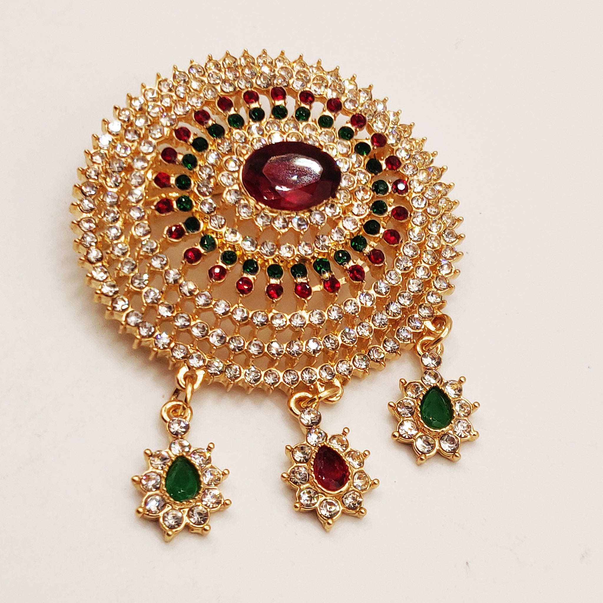 Broche de Fête Ronde Pierres Vertes et Rouges