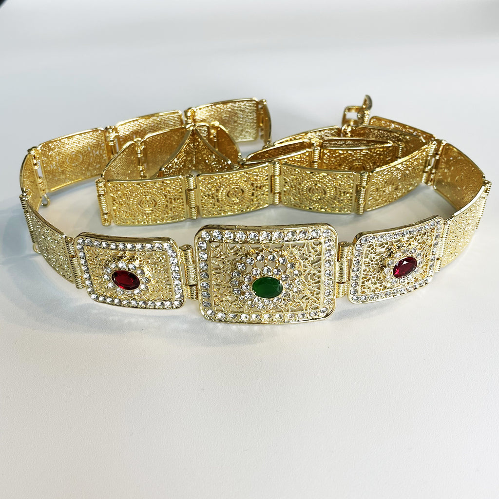 Ceinture Multi Rectangles Pierres Vertes et Rouges