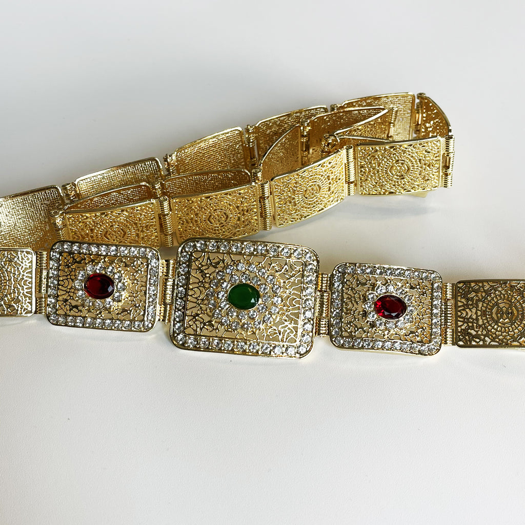 Ceinture Multi Rectangles Pierres Vertes et Rouges