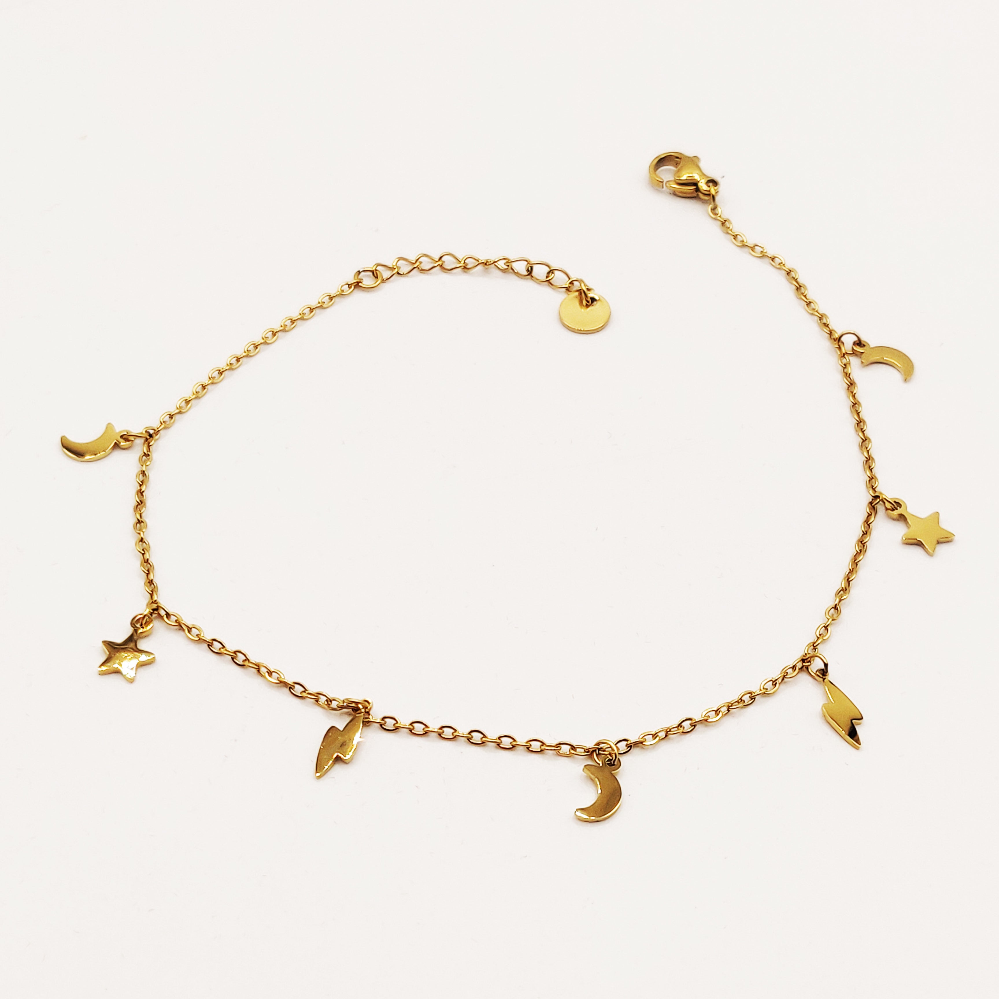 Chaîne de Cheville Multi Pendentifs Étoiles, Lunes et Éclairs