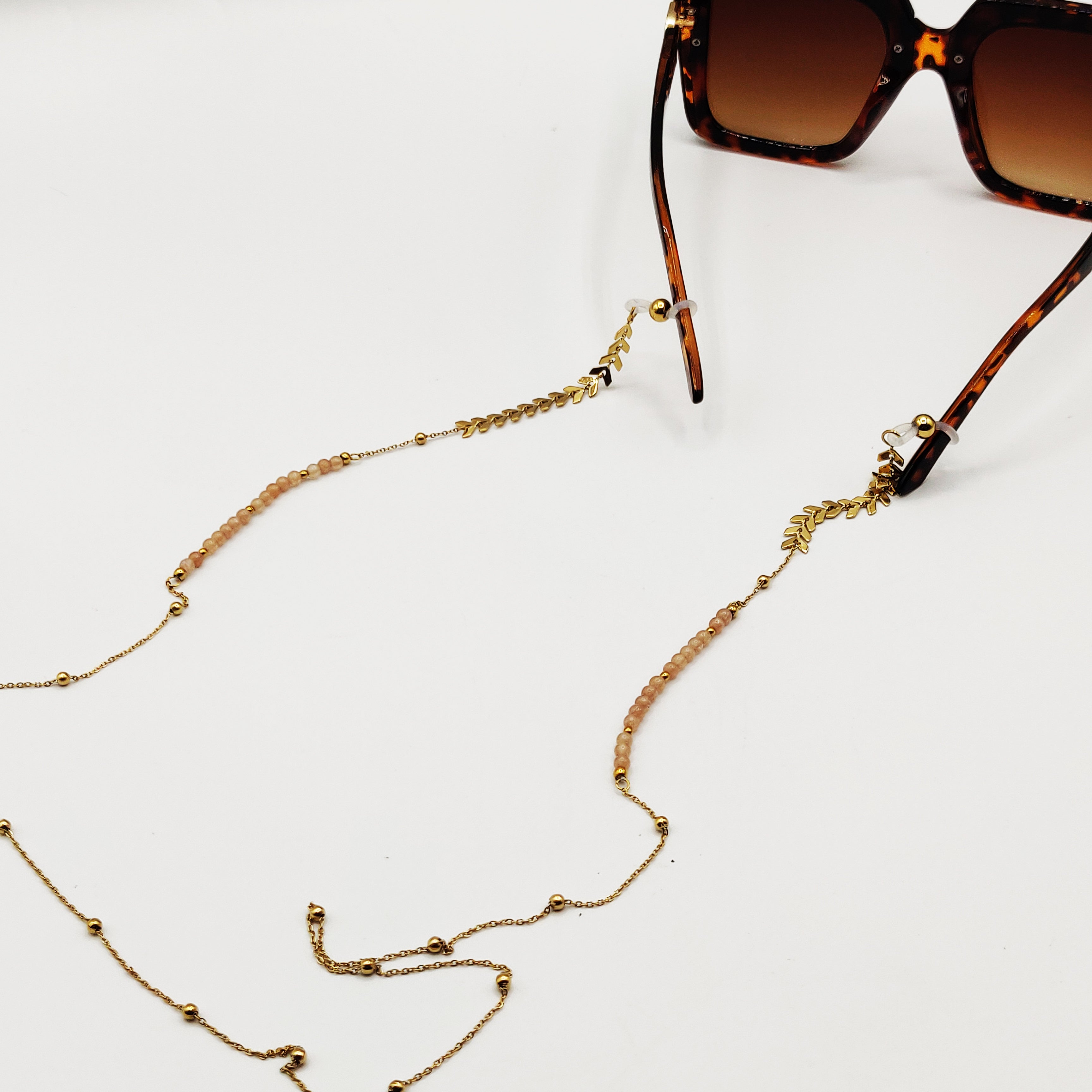 Chaîne de Lunettes Feuilles Dorées et Perles