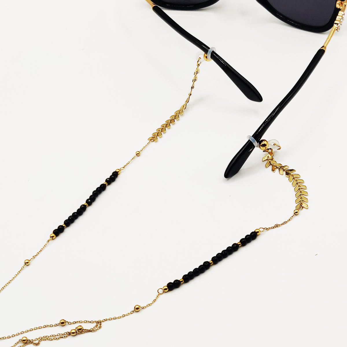 Chaîne de Lunettes Feuilles Dorées et Perles Noires
