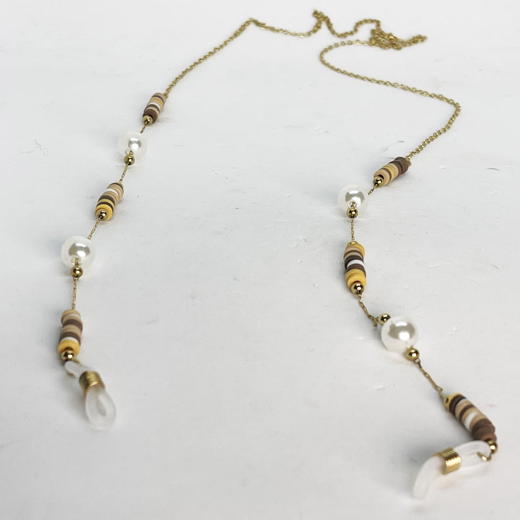 Chaîne de Lunettes Perles Blanches et Pierres Marrons